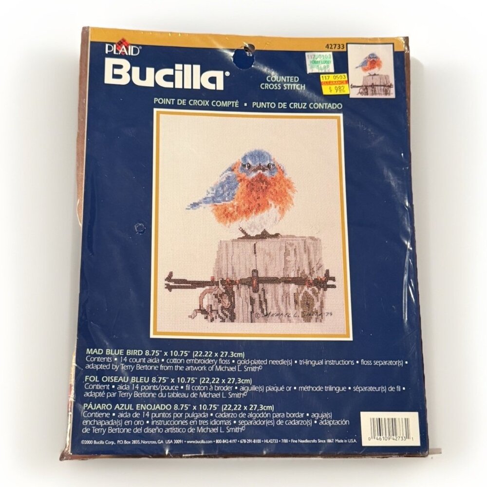 Bucilla Mad Blue Bird Cross Stitch Needlepoint 8.75x10.75" Cottagecore Granny
